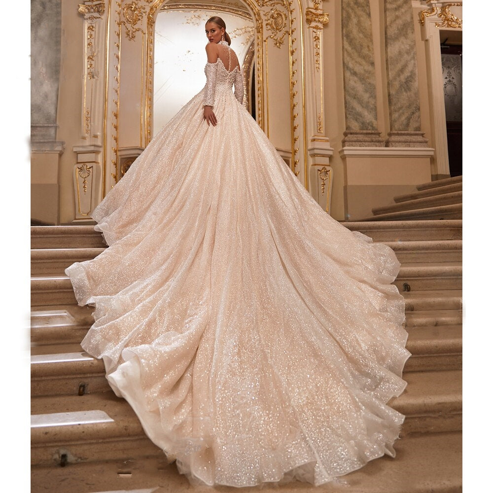 Sparkles and Pearls Illusion Off-the-Shoulder Ball Gown Court Train Princess Bridal Gown