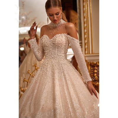 Sparkles and Pearls Illusion Off-the-Shoulder Ball Gown Court Train Princess Bridal Gown
