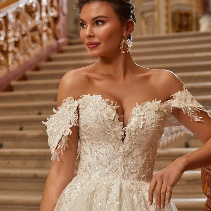 SISI<br>Off-the-Shoulder Appliqué Beaded Ball Gown Royal Train Vintage Princess Bridal Dress