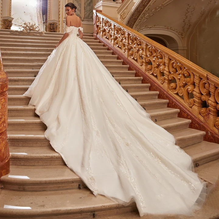 SISI<br>Off-the-Shoulder Appliqué Beaded Ball Gown Royal Train Vintage Princess Bridal Dress
