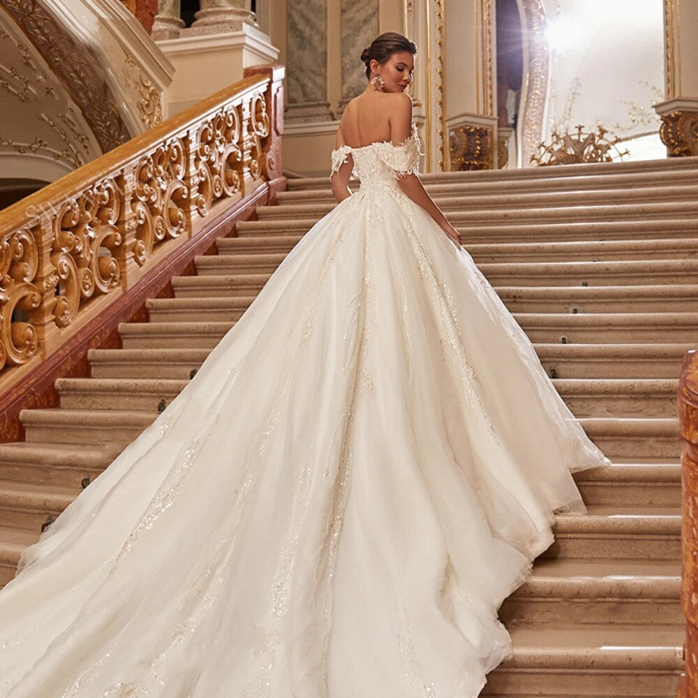 SISI<br>Off-the-Shoulder Appliqué Beaded Ball Gown Royal Train Vintage Princess Bridal Dress