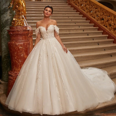 SISI<br>Off-the-Shoulder Appliqué Beaded Ball Gown Royal Train Vintage Princess Bridal Dress