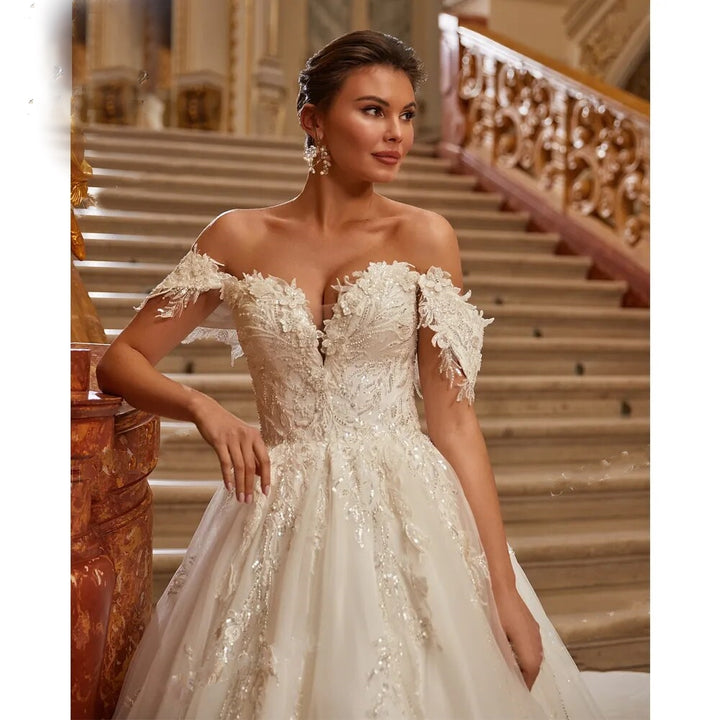 SISI<br>Off-the-Shoulder Appliqué Beaded Ball Gown Royal Train Vintage Princess Bridal Dress