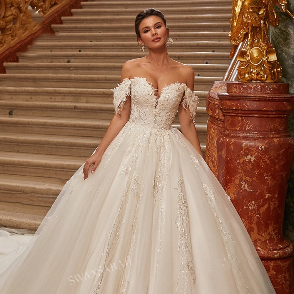 SISI<br>Off-the-Shoulder Appliqué Beaded Ball Gown Royal Train Vintage Princess Bridal Dress