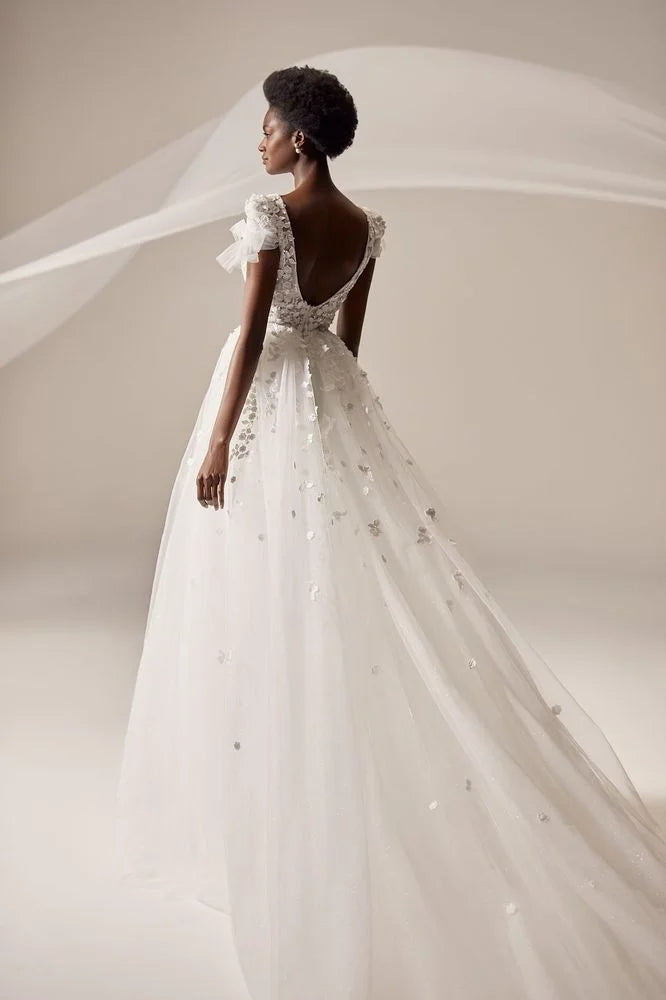 Deep V-neck Illusion Princess Court Train Wedding Gown