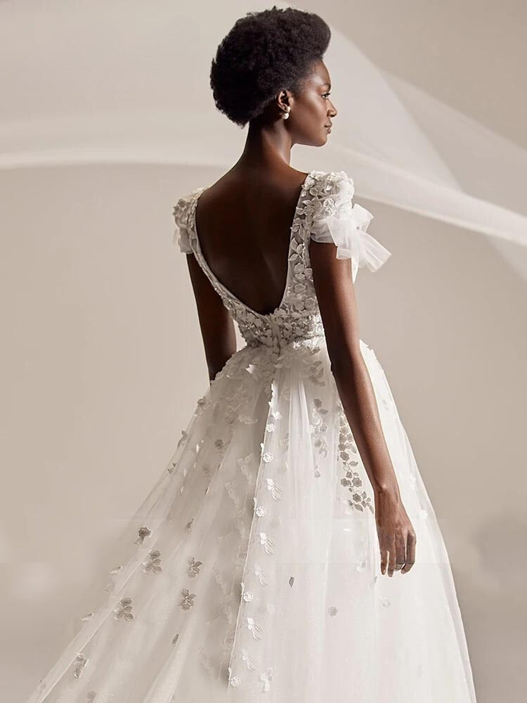 Deep V-neck Illusion Princess Court Train Wedding Gown