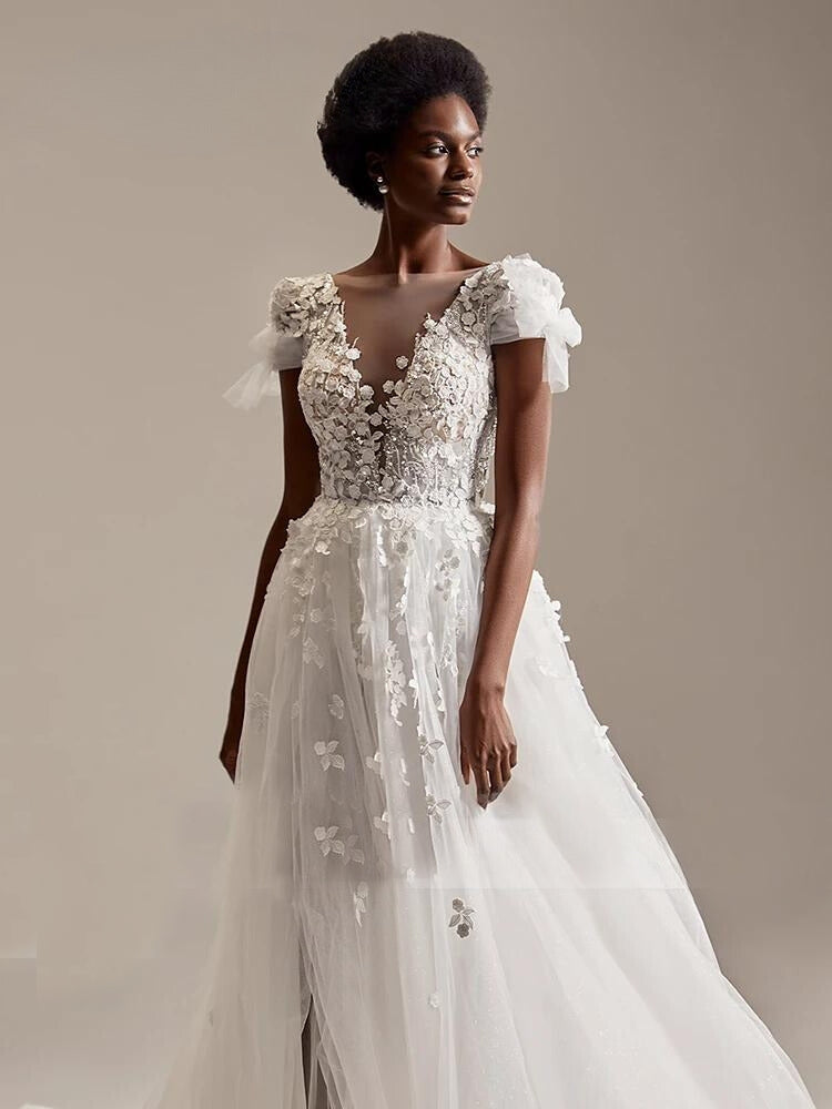 Deep V-neck Illusion Princess Court Train Wedding Gown