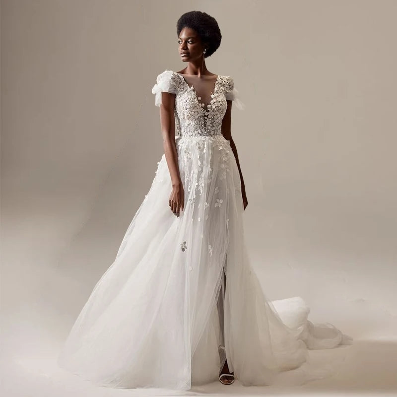 Deep V-neck Illusion Princess Court Train Wedding Gown