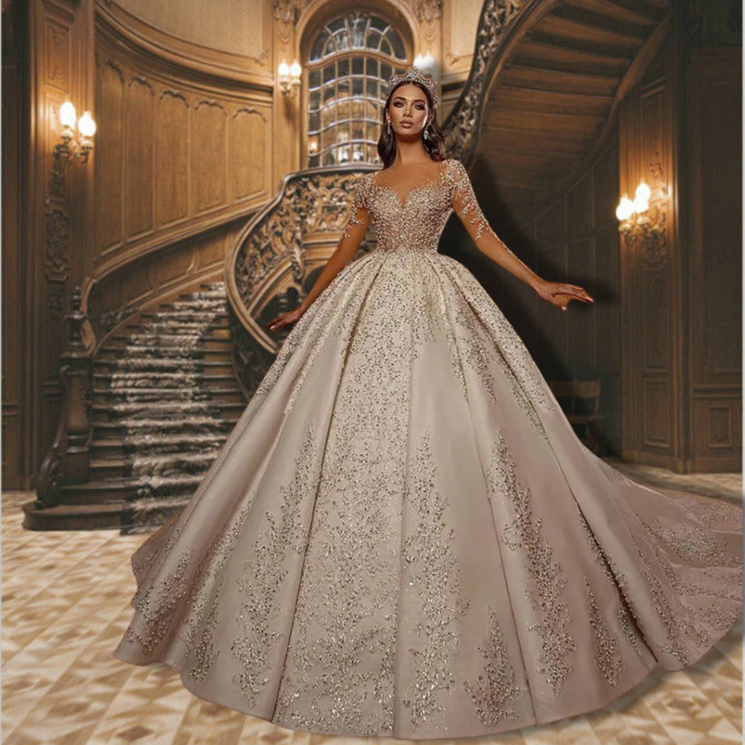 GRISELDALong Sleeve Sweetheart Neckline Beaded Ball Gown Court Train P –  Marietta la Bella