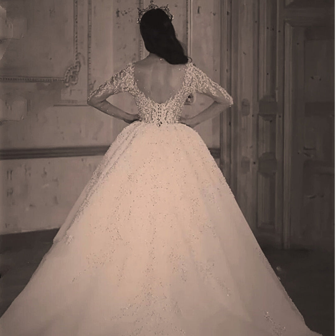 GRISELDA<br>Long Sleeve Sweetheart Neckline Beaded Ball Gown Court Train Princess Bridal dress
