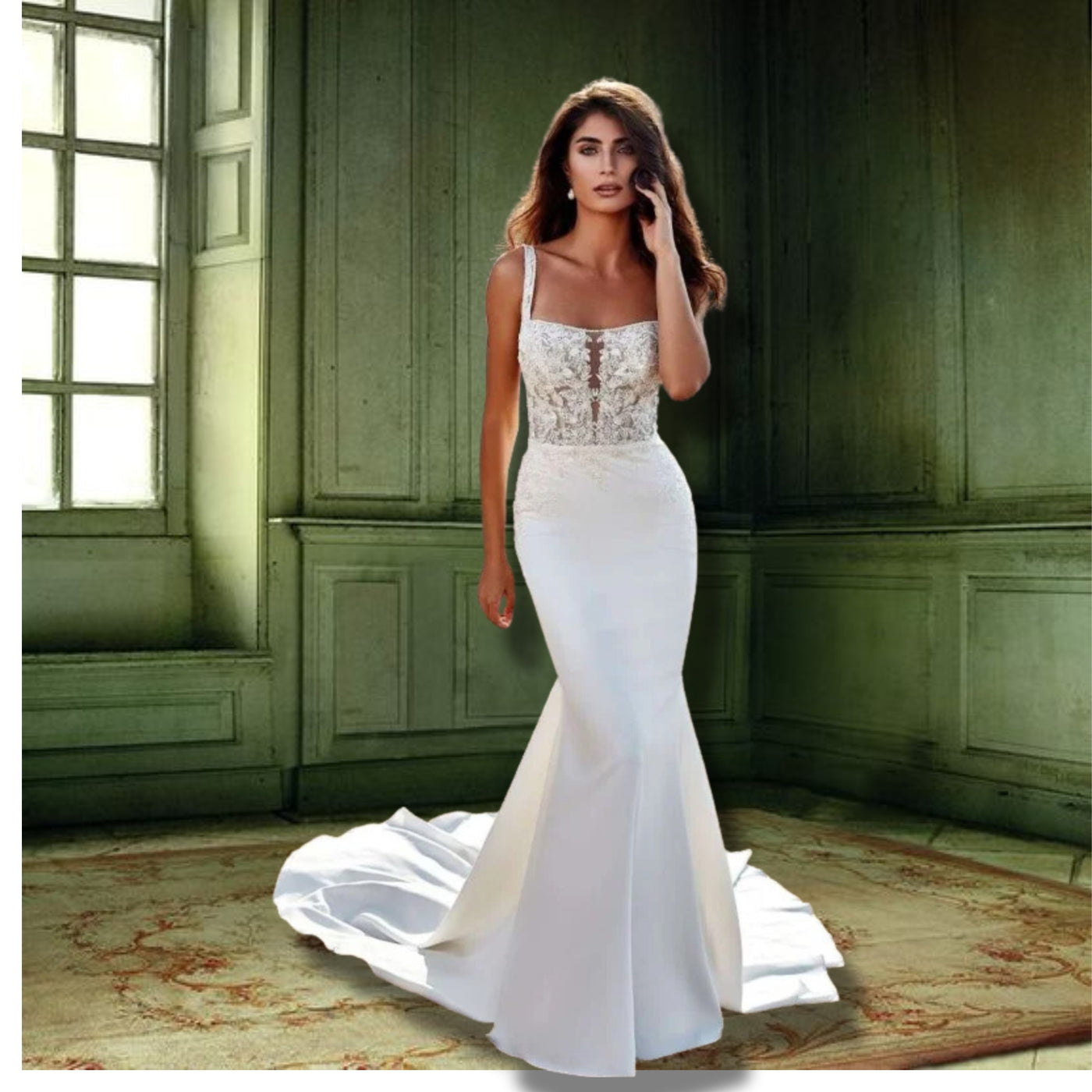 EMILYA<br>Elegant Mermaid Lace Open Back White/Ivory/Champagne Satin Square Collar Spaghetti Strap Bridal Gown