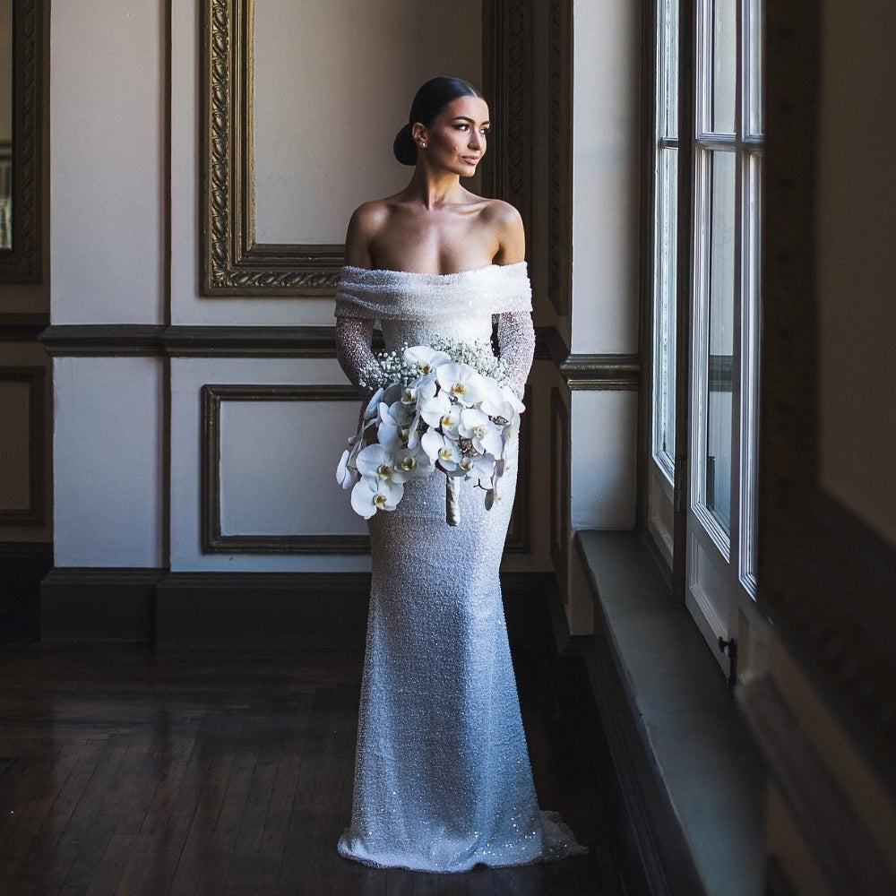 PERLA<br> 2-in-1 Pearled Shining Long Sleeve Bling Sequined Off-The-Shoulder Full Sleeves Detachable Train Mermaid Wedding Gown