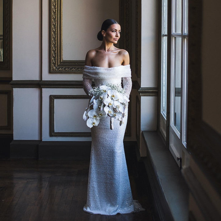 PERLA<br> 2-in-1 Pearled Shining Long Sleeve Bling Sequined Off-The-Shoulder Full Sleeves Detachable Train Mermaid Wedding Gown