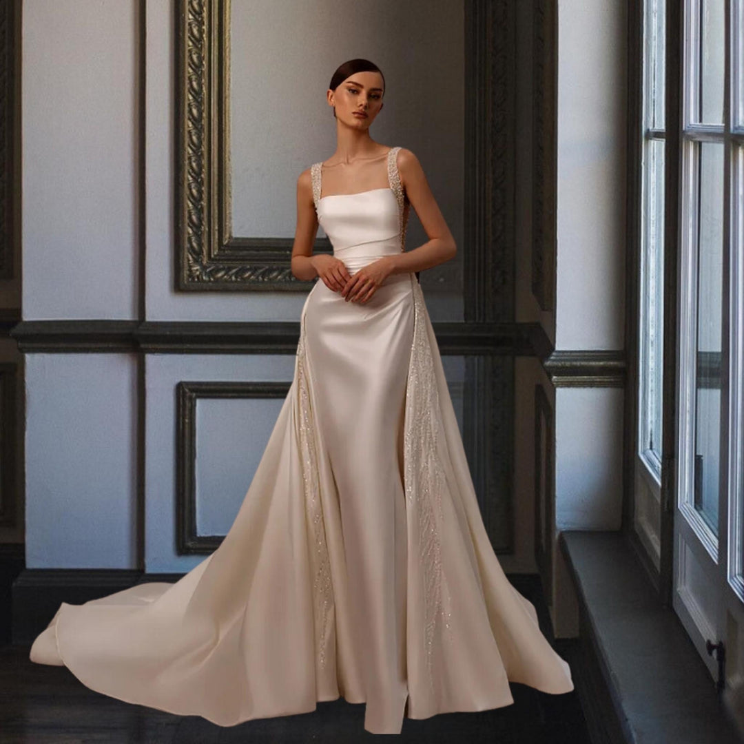 Mermaid Sleeveless Satin and Pearls Detachable Train Bridal Dress