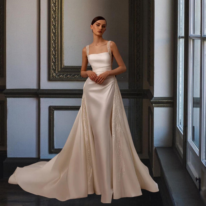 Mermaid Sleeveless Satin and Pearls Detachable Train Bridal Dress