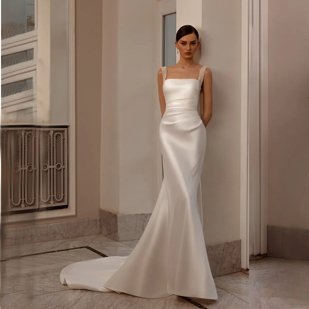 Mermaid Sleeveless Satin and Pearls Detachable Train Bridal Dress