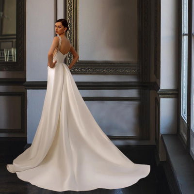 Mermaid Sleeveless Satin and Pearls Detachable Train Bridal Dress