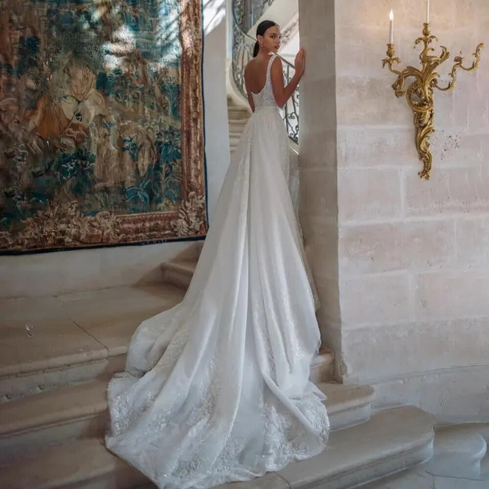 Sleeveless Mermaid Appliqué 2-in-1 Detachable Train Princess Bridal Gown