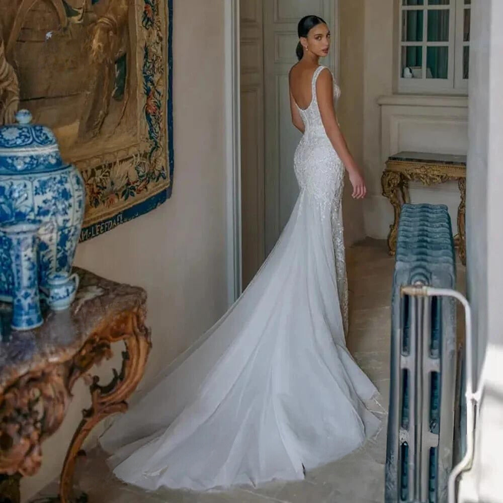 Sleeveless Mermaid Appliqué 2-in-1 Detachable Train Princess Bridal Gown