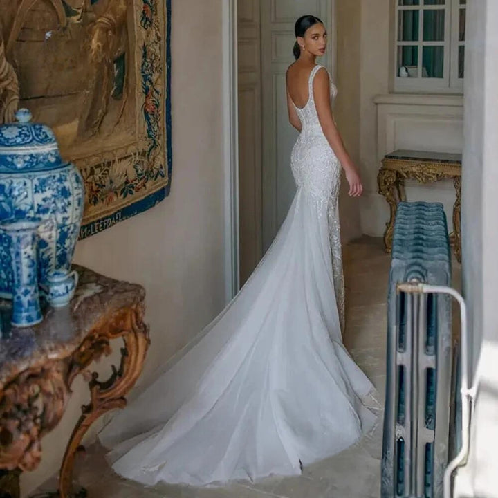Sleeveless Mermaid Appliqué 2-in-1 Detachable Train Princess Bridal Gown