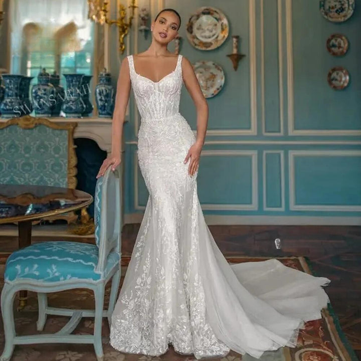 Sleeveless Mermaid Appliqué 2-in-1 Detachable Train Princess Bridal Gown