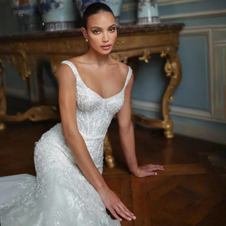 Sleeveless Mermaid Appliqué 2-in-1 Detachable Train Princess Bridal Gown