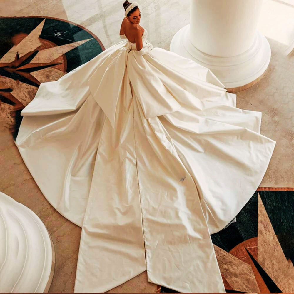 Satin Beaded Pearled Boat Neck Detachable Bow Vintage Style Bridal Gown