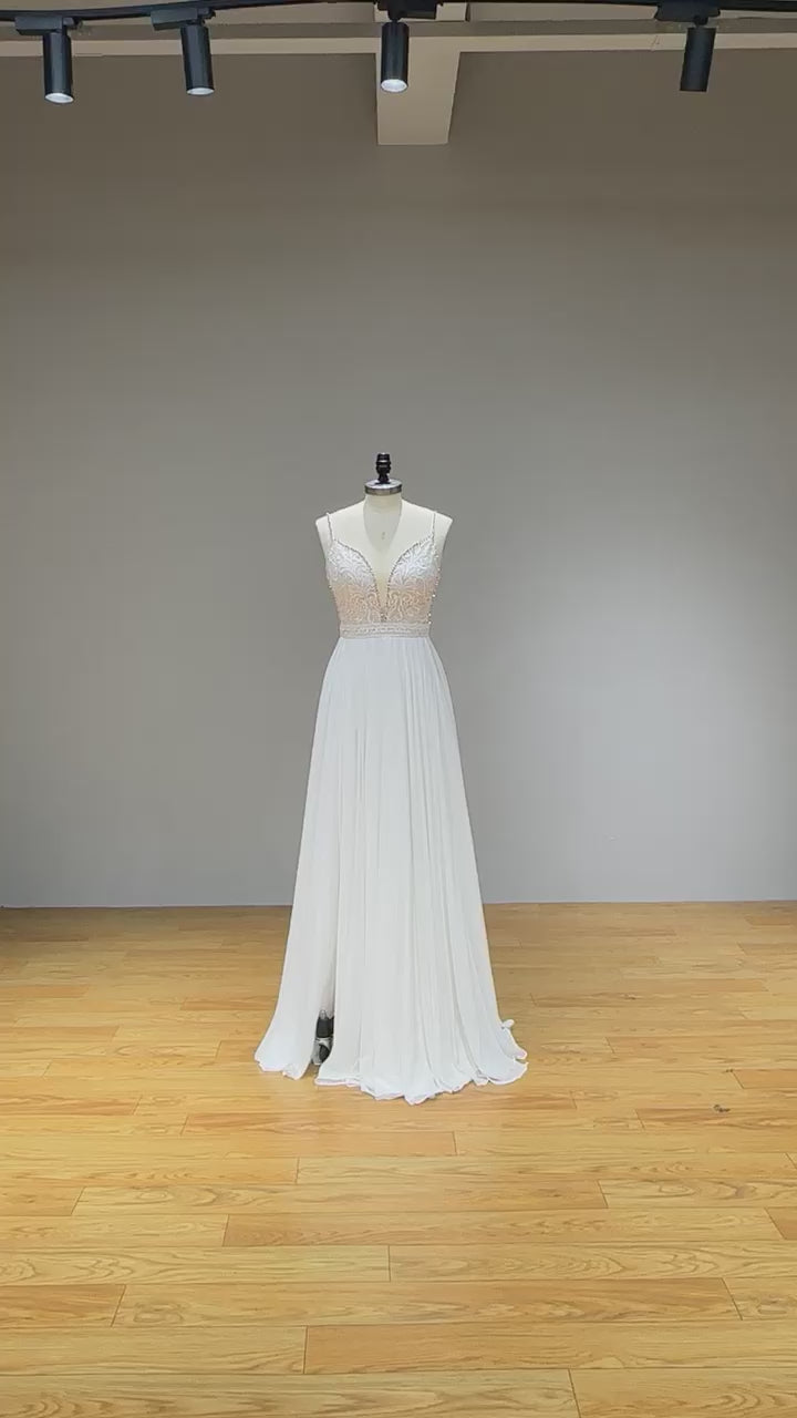 Final Sale Chiffon Lace Boho Spaghetti Straps Wedding Gown