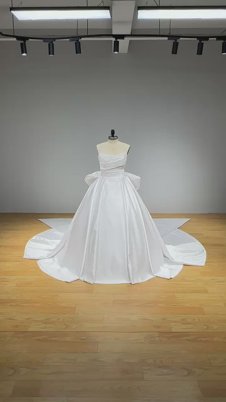 Satin Beaded Pearled Boat Neck Detachable Bow Vintage Style Bridal Gown