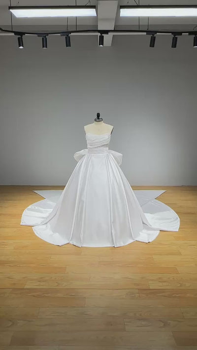 Satin Beaded Pearled Boat Neck Detachable Bow Vintage Style Bridal Gown