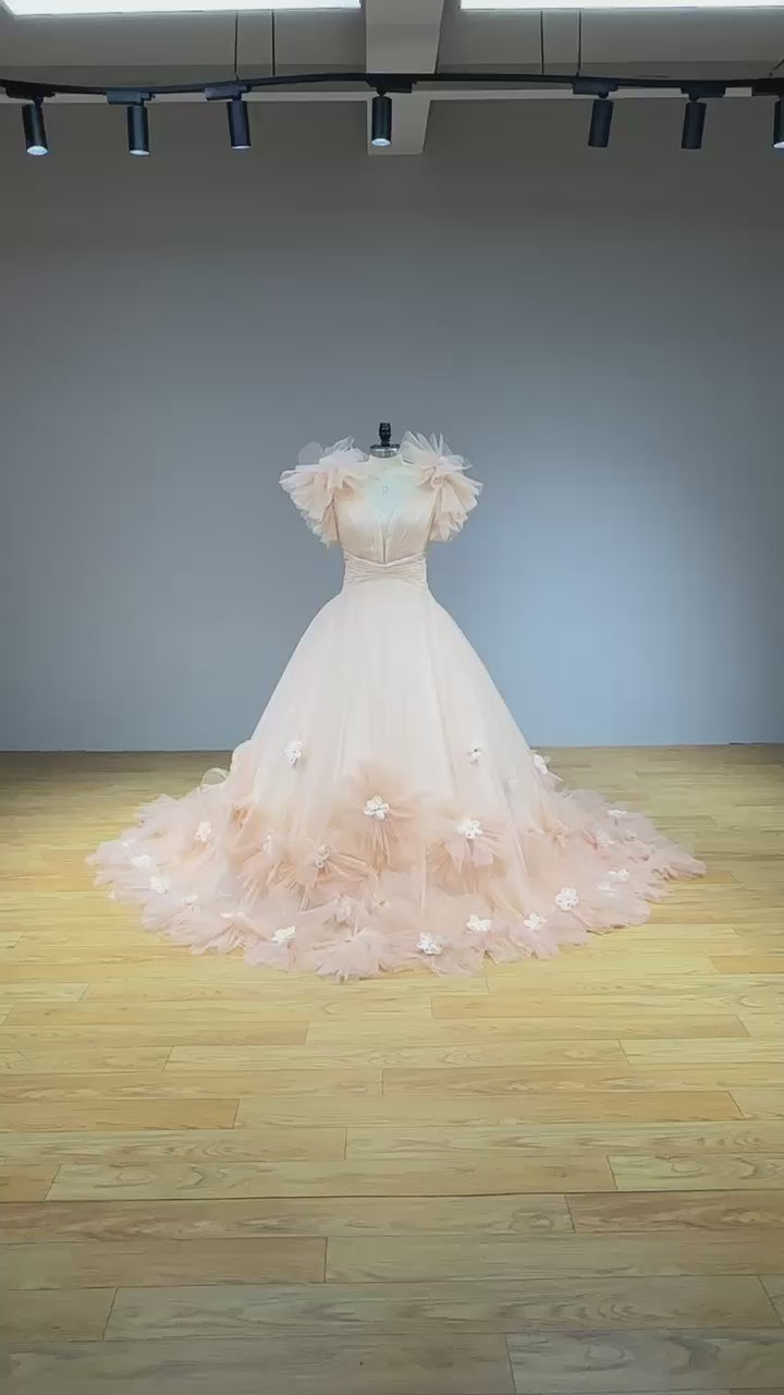 MONIQUE<br>Final Sale<br>Upscale Deep-V Neckline and Deep-V Back 3D Flowers and Bows Sleeveless Bridal Dress