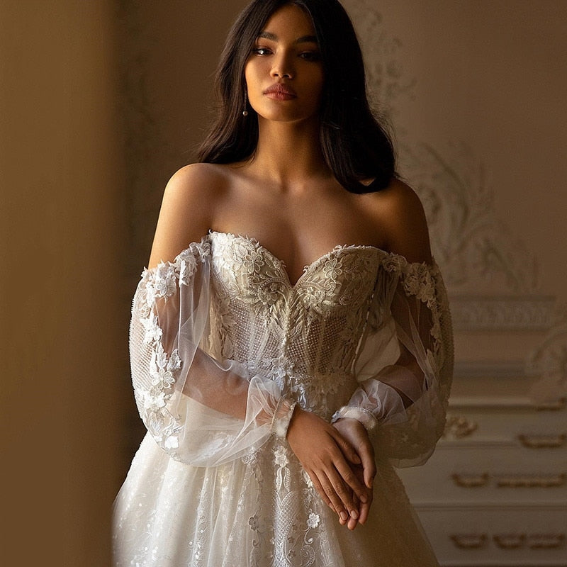 LISETTE<br>Luxury Wedding Dress Sequined Long Sleeve Lace Bridal Dress