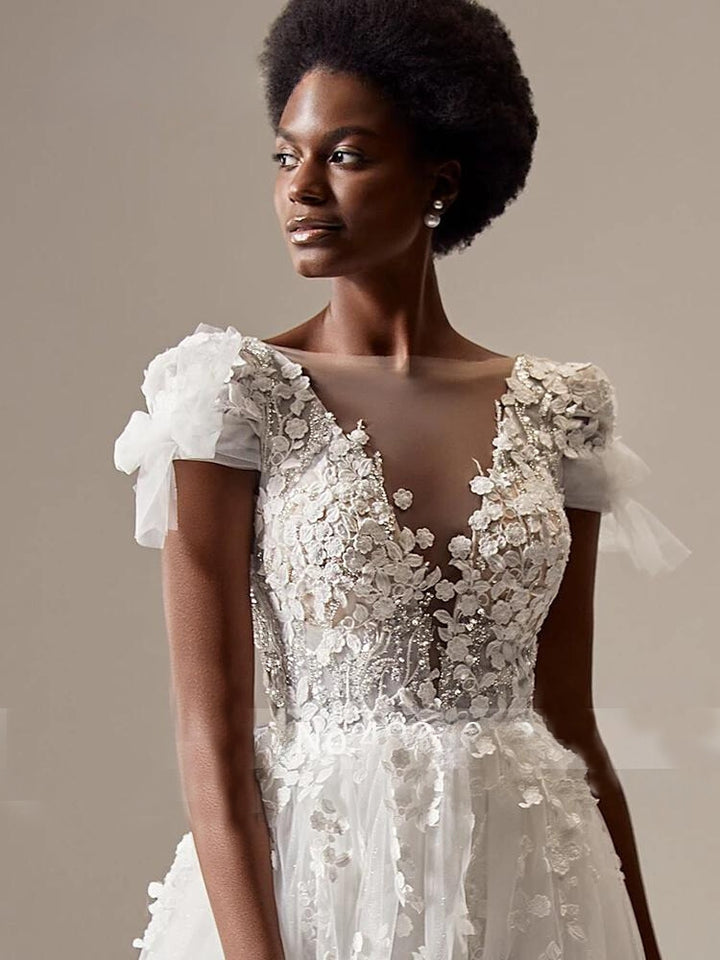 Deep V-neck Illusion Princess Court Train Wedding Gown