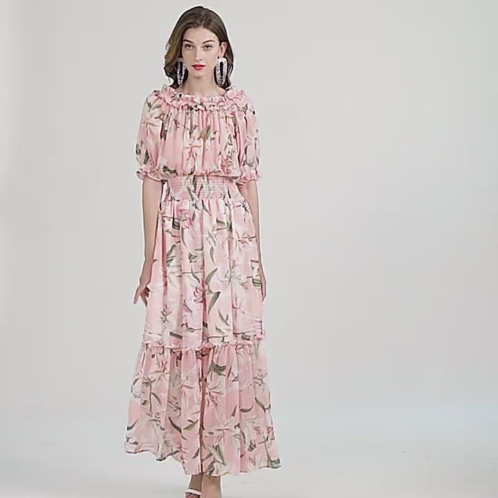 EVERLY<br>Elegant Slash Neck Off-the-Shoulder Floral Tulips Print Maxi Bohemian Summer Vacation Honeymoon Dress