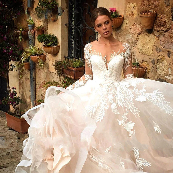 ADA<br>V-neck Appliqué Tulle Illusion Backless Long Sleeve Wedding Gown