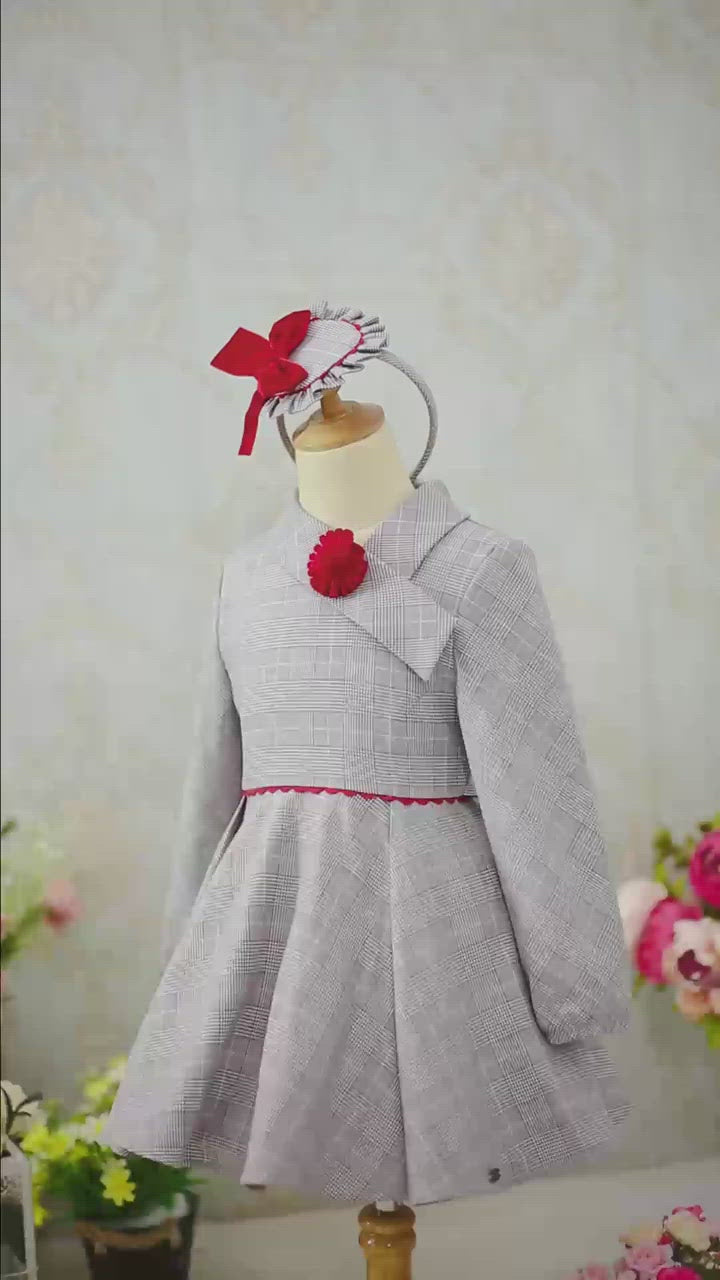 LITTLE PRINCESS GRACE<br>Grey Checkered Asymmetrical Collar A-Line Vintage Style Dress and Headband for Girls