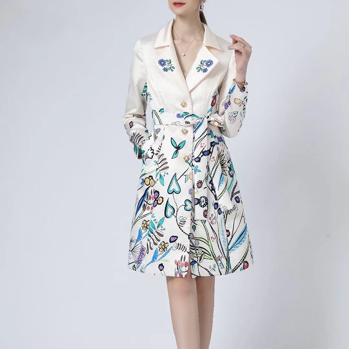 A STROLL DOWN THE CHAMPS ELYSEES<br>Elegant Flower Print Long Sleeves Single-Breasted Long Trench Coat