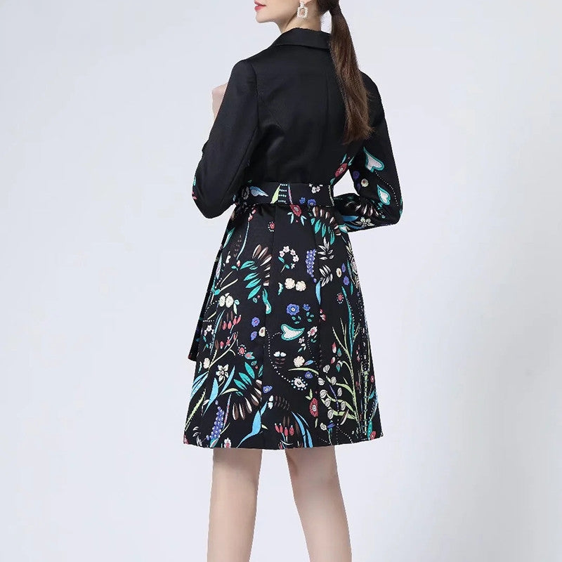 A STROLL DOWN THE CHAMPS ELYSEES<br>Elegant Flower Print Long Sleeves Single-Breasted Long Trench Coat