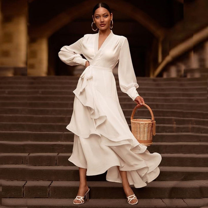 ADELYN<br>Elegant White Ruffles Maxi Dress V-Neck Long Sleeve Dress