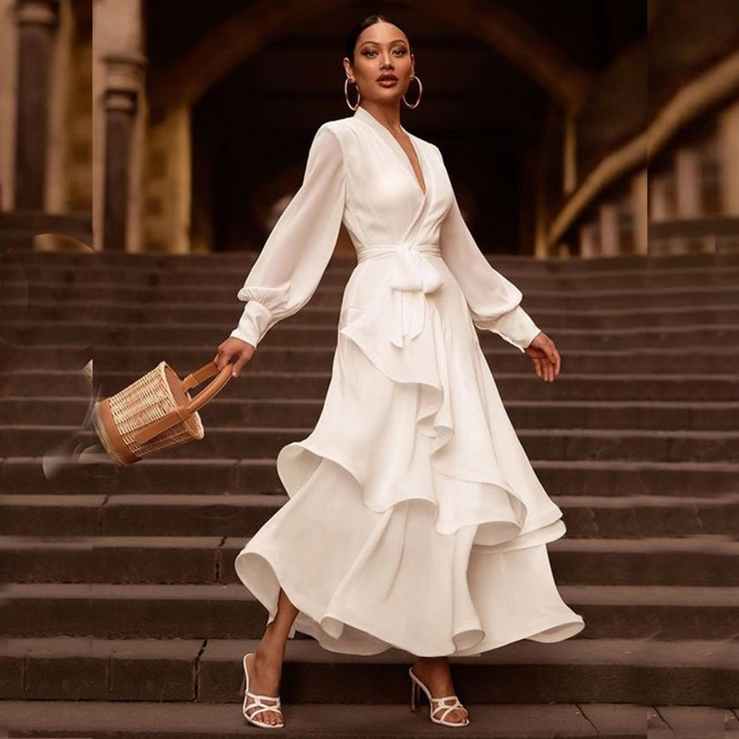 ADELYN<br>Elegant White Ruffles Maxi Dress V-Neck Long Sleeve Dress