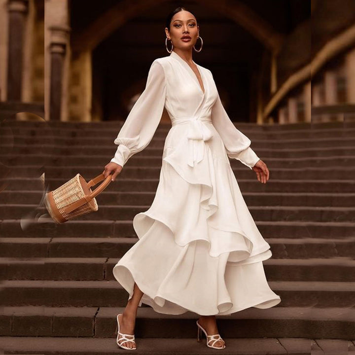 ADELYN<br>Elegant White Ruffles Maxi Dress V-Neck Long Sleeve Dress