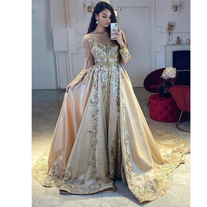 AMAL<br>Oriental Caftan Style Satin A Line Long Train Wedding Gown