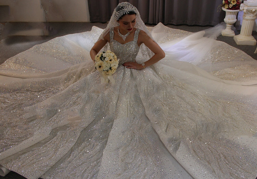 Oriental Luxury Heavily Beaded Sparkly Train Wedding Gown