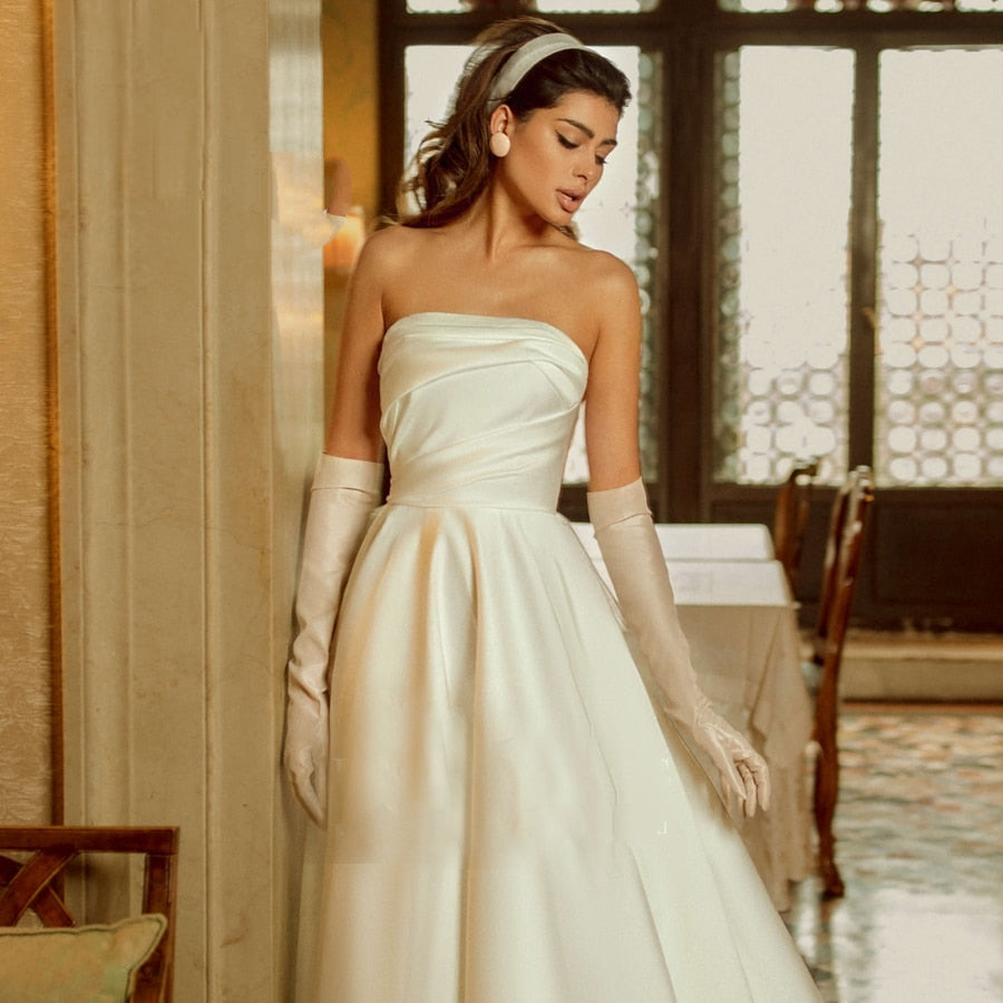 AMARA<br>Satin Vintage Inspired Strapless Backless Midi Bridal Gown With Big Back Bow