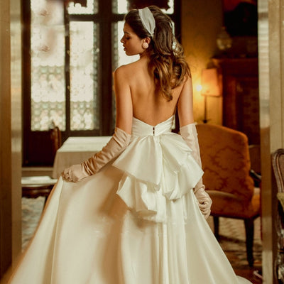 AMARA<br>Satin Vintage Inspired Strapless Backless Midi Bridal Gown With Big Back Bow