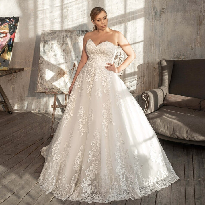 ANAÏS<br>2-in-1 Plus Size Classy Strapless  A-Line Appliques Lace-Up Wedding Dress With Long Sleeve Bolero