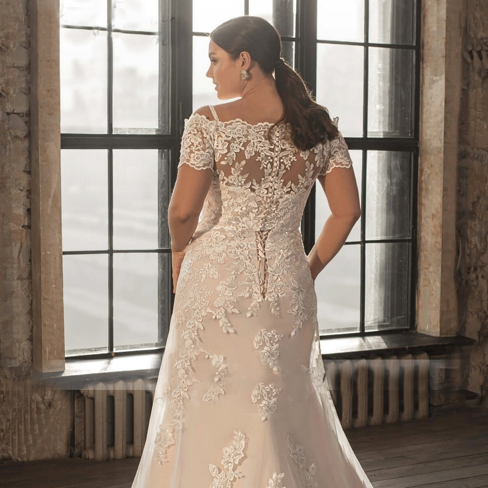 Plus Size All Lace Off-the-Shoulder Sweetheart Neckline Appliqué Lace-Up Mermaid Wedding Dress