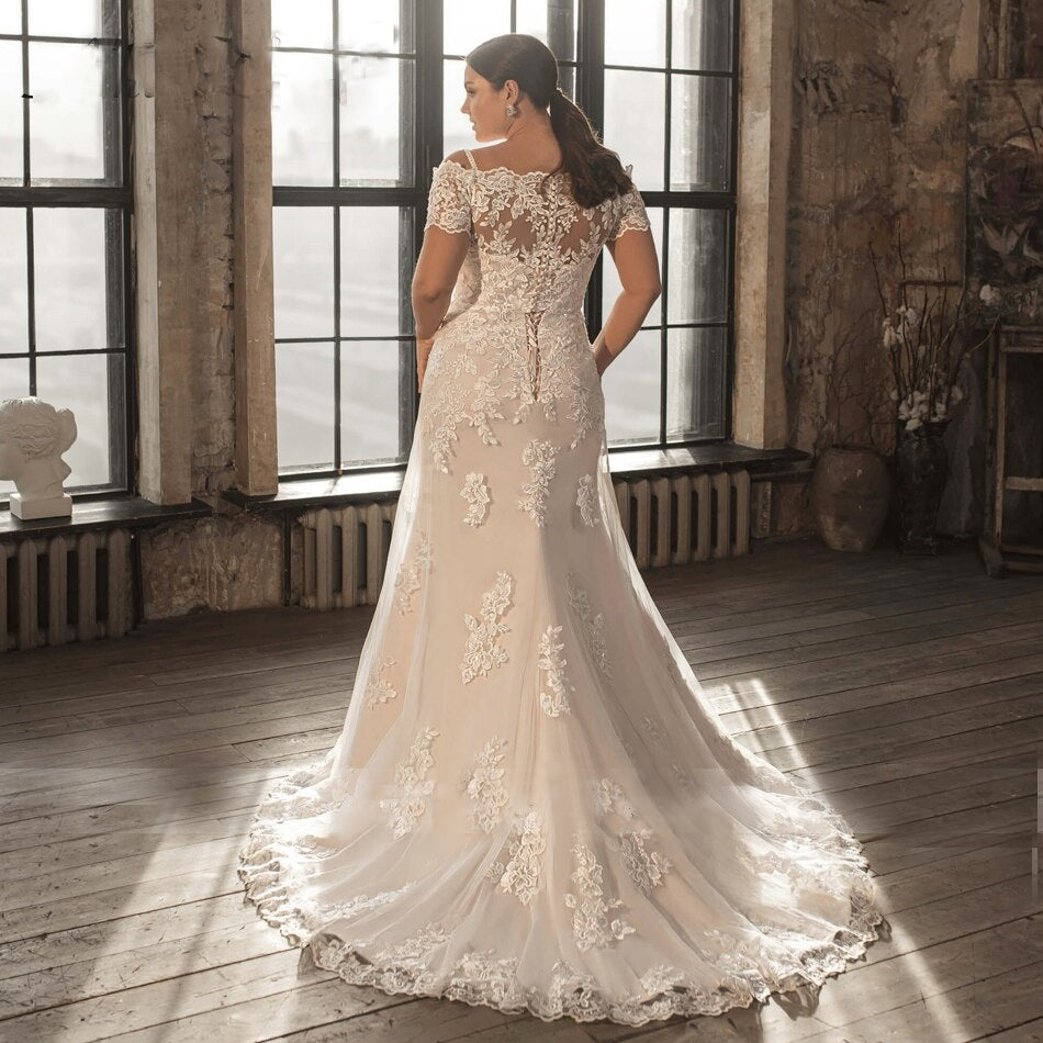 Plus Size All Lace Off-the-Shoulder Sweetheart Neckline Appliqué Lace-Up Mermaid Wedding Dress