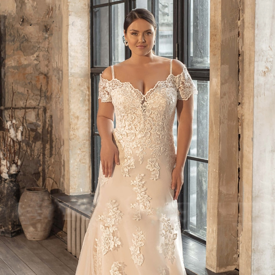 Plus Size All Lace Off-the-Shoulder Sweetheart Neckline Appliqué Lace-Up Mermaid Wedding Dress