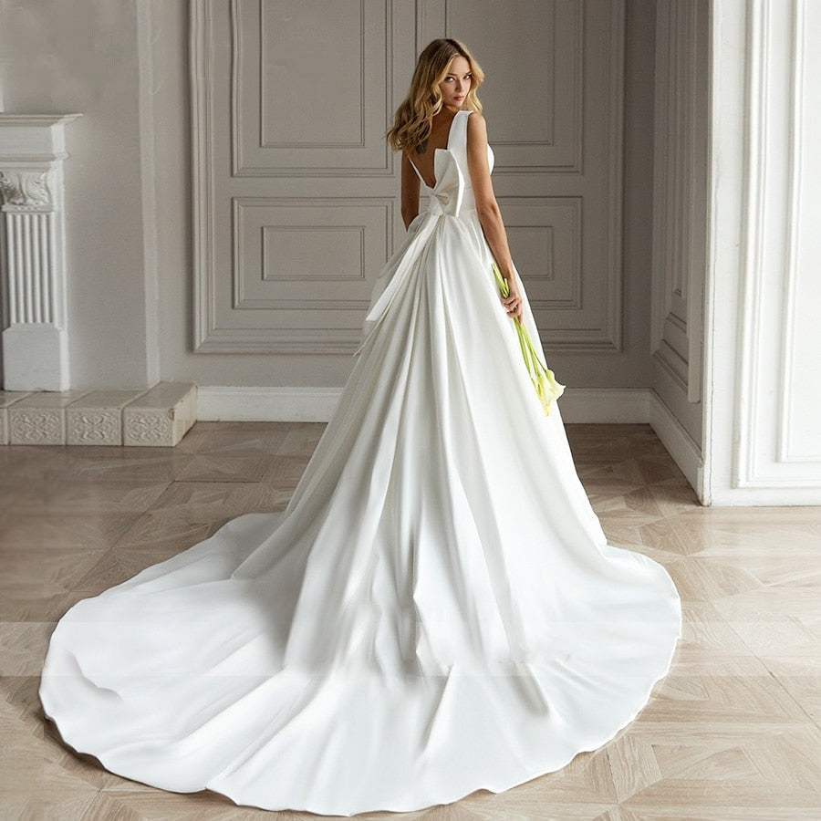 ASHLEY<br>Elegant A-Line Satin V-neck Backless Big Back Bow Sleeveless Illusion Bridal Dress